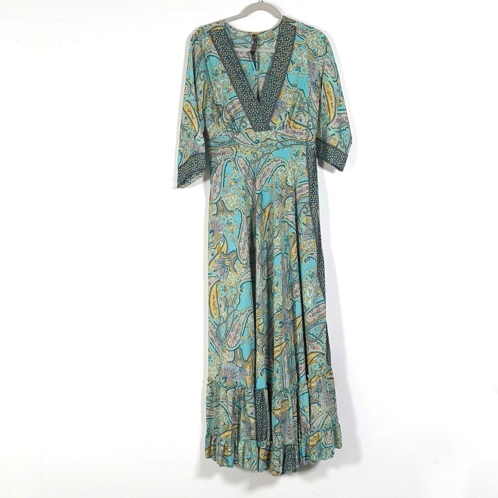 ME 2 MAGIC Maxi Dress Womens Sz L Green Paisley 3/4 Sleeve Bohemian